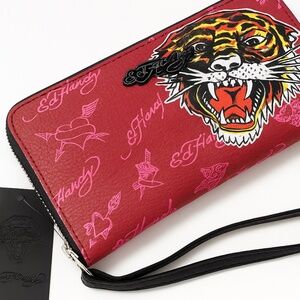 Ed Hardy Red Tiger Graphic Logo Faux Leather Zip Wallet Wristlet Purse NWT
